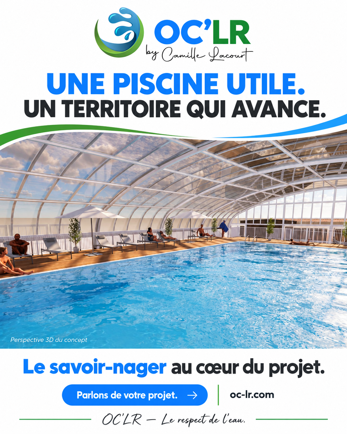Perspective 3D du concept de piscine OC'LR by Camille Lacourt sous un dôme transparent.